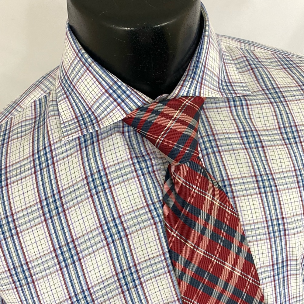 LEDBURY Fine Shirtings Mens Dress Shirt Plaid White Blue Slim Fit 16.5